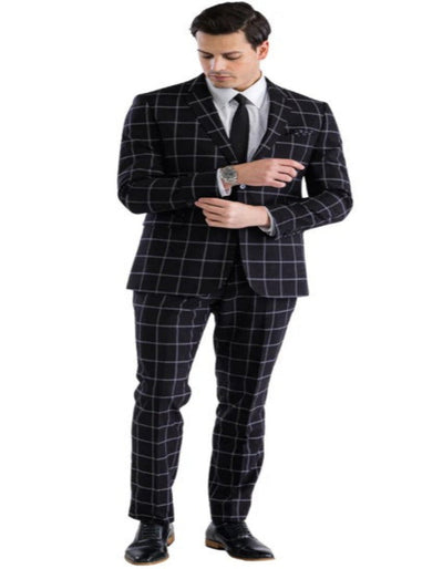 Mens Plaid Suit - Windowpane Pattern With Vest - Business Suit Black 4   - from alligatorwarehouse.com