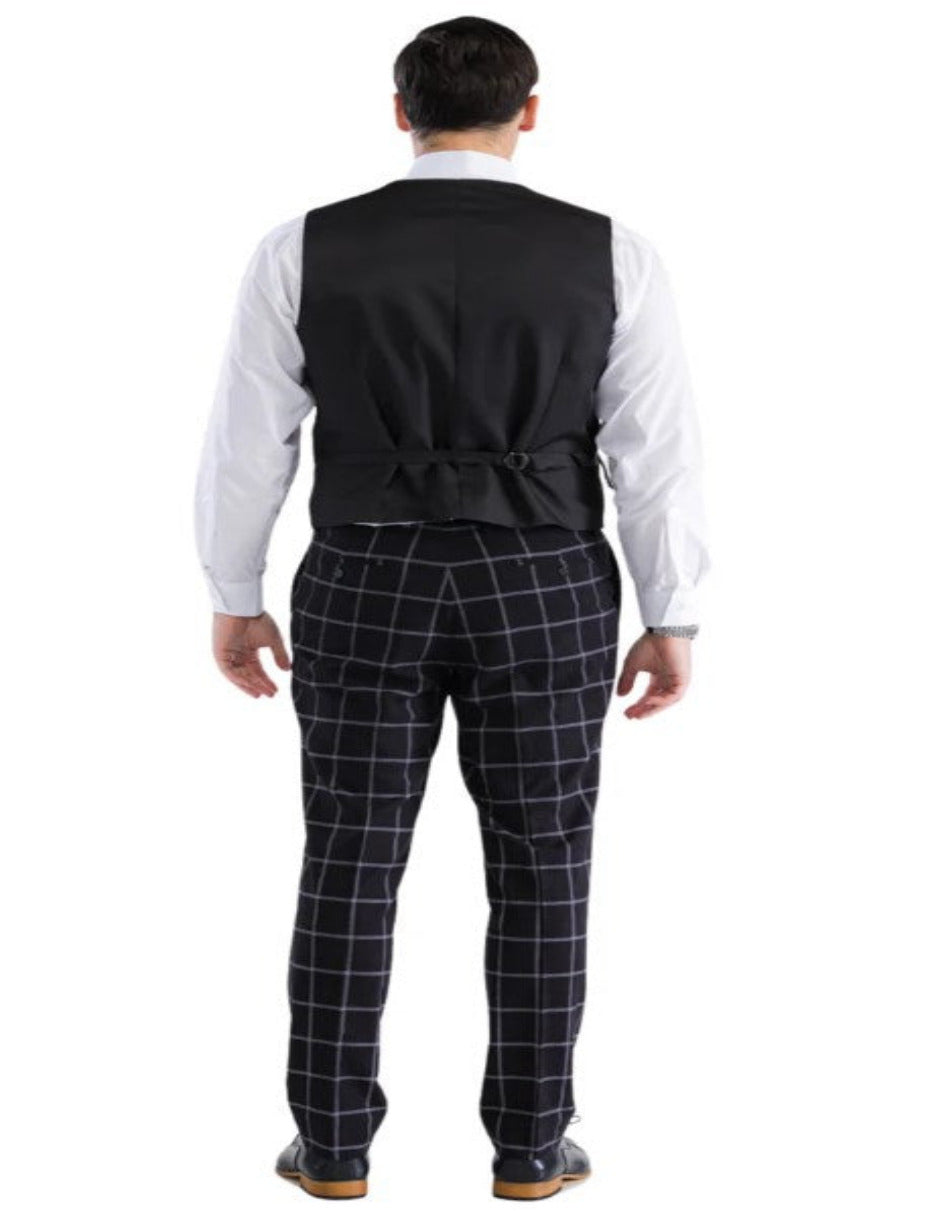 Mens Plaid Suit - Windowpane Pattern With Vest - Business Suit Black