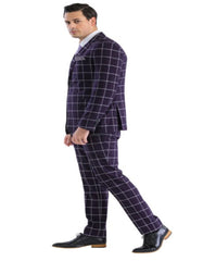 Mens Plaid Suit - Windowpane Pattern With Vest - Business Suit Burgundy