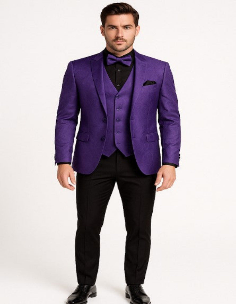 Mens Purple Paisley Tuxedo ƒ?? 3 Piece Suit with Bow Tie and Black Pants | Wedding & Prom Outfit - Slim Fitted