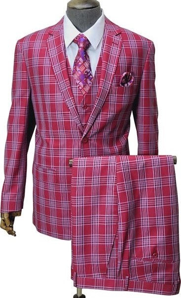 Mens Red Plaid Three-Piece Suit – Bold Checkered Pattern with Vest and Matching Pants 5   - from alligatorwarehouse.com