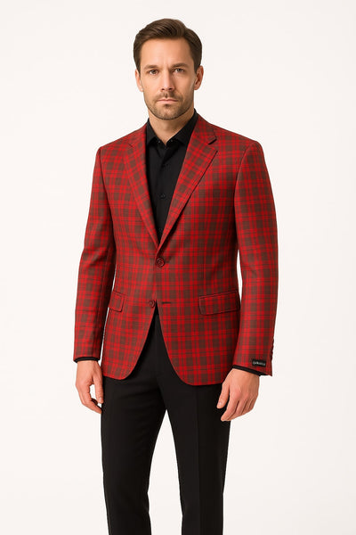 Mens Red Plaid Modern Fit Windowpane Check Blazer - Christmas Holiday Sport Coat Tartan Look 1   - from alligatorwarehouse.com