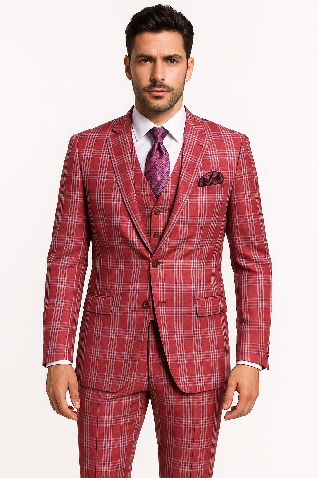 Mens Red Plaid Three-Piece Suit – Bold Checkered Pattern with Vest and Matching Pants