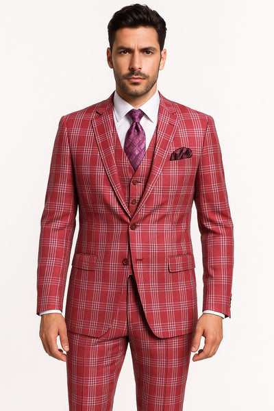 Mens Red Plaid Three-Piece Suit – Bold Checkered Pattern with Vest and Matching Pants 1   - from alligatorwarehouse.com