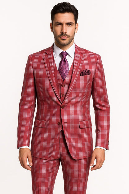 Mens Red Plaid Three-Piece Suit – Bold Checkered Pattern with Vest and Matching Pants