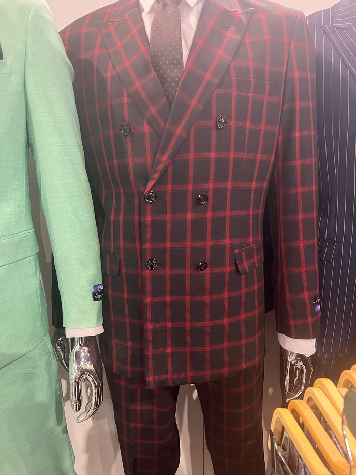 Mens Red and Black Plaid Double-Breasted Suit ƒ?? Slim Fit Checkered 2 Piece Formal Business Outfit