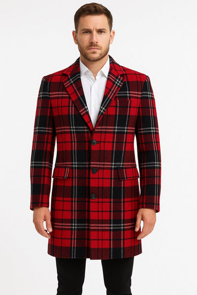 Mens Red and Black Plaid Wool Overcoat with Notch Lapel 1   - from alligatorwarehouse.com