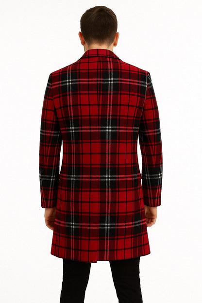 Mens Red and Black Plaid Wool Overcoat with Notch Lapel