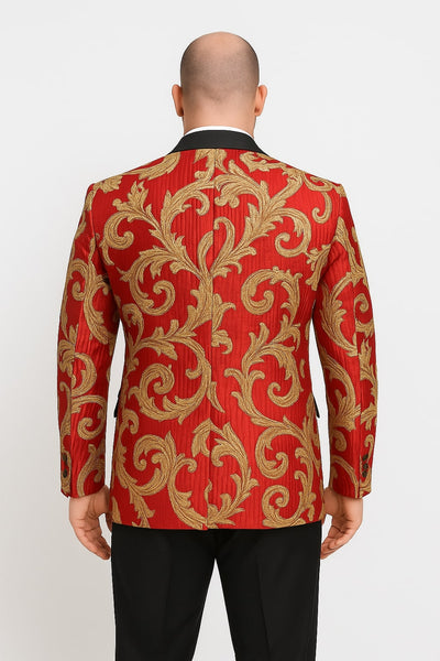 Mens Red and Gold Embroidered Tuxedo Blazer – Baroque Style One Button Dinner Jacket with Black Satin Lapel 2   - from alligatorwarehouse.com