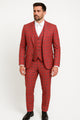 Red Tartan Suit Christmas Party Event - Plaid 3-Piece Slim Fit Suit with Vest - Window pane Pattern
