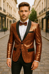 Mens Rose Gold Sequin Tuxedo Jacket with Black Satin Shawl Lapel and Matching Bow Tie