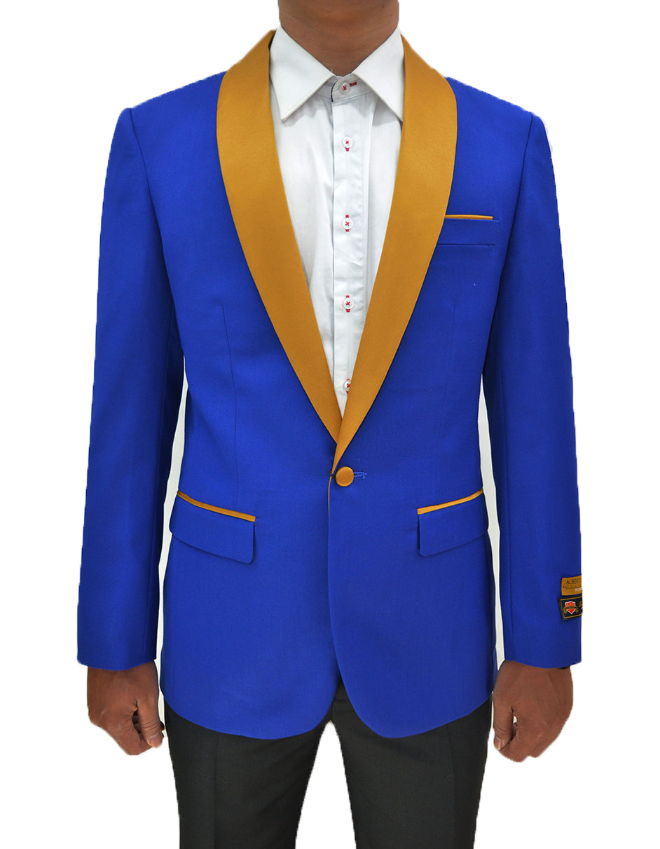 Mens One Button Contrast Shawl Collar Dinner Jacket Royal Blue & Gold 1 PX-2010  - from alligatorwarehouse.com