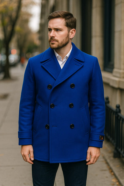 Mens Royal Blue Double-Breasted Wool Peacoat – Alberto Nardoni Collection