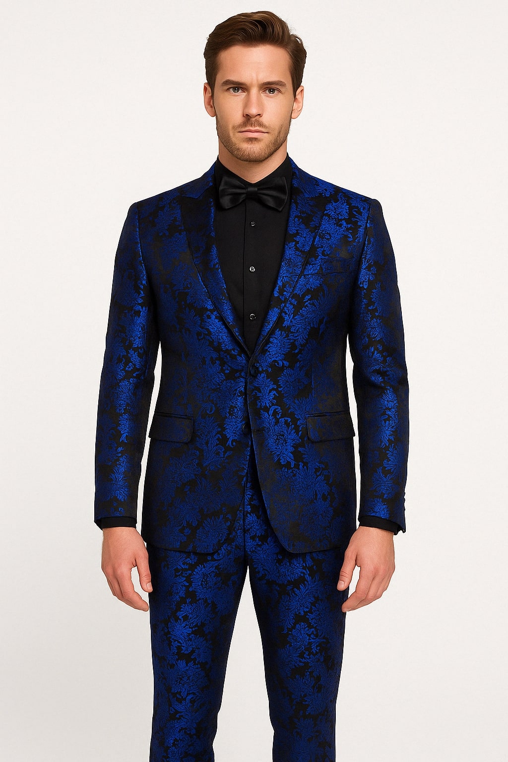 Mens Royal Blue Metallic Floral Suit ƒ?? Black Background Two Piece Tuxedo Set