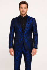 Mens Royal Blue Metallic Floral Suit ƒ?? Black Background Two Piece Tuxedo Set