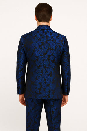 Mens Royal Blue Metallic Floral Suit ƒ?? Black Background Two Piece Tuxedo Set
