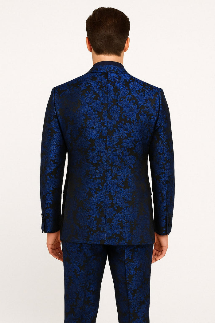 Mens Royal Blue Metallic Floral Suit ƒ?? Black Background Two Piece Tuxedo Set