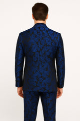 Mens Royal Blue Metallic Floral Suit ƒ?? Black Background Two Piece Tuxedo Set