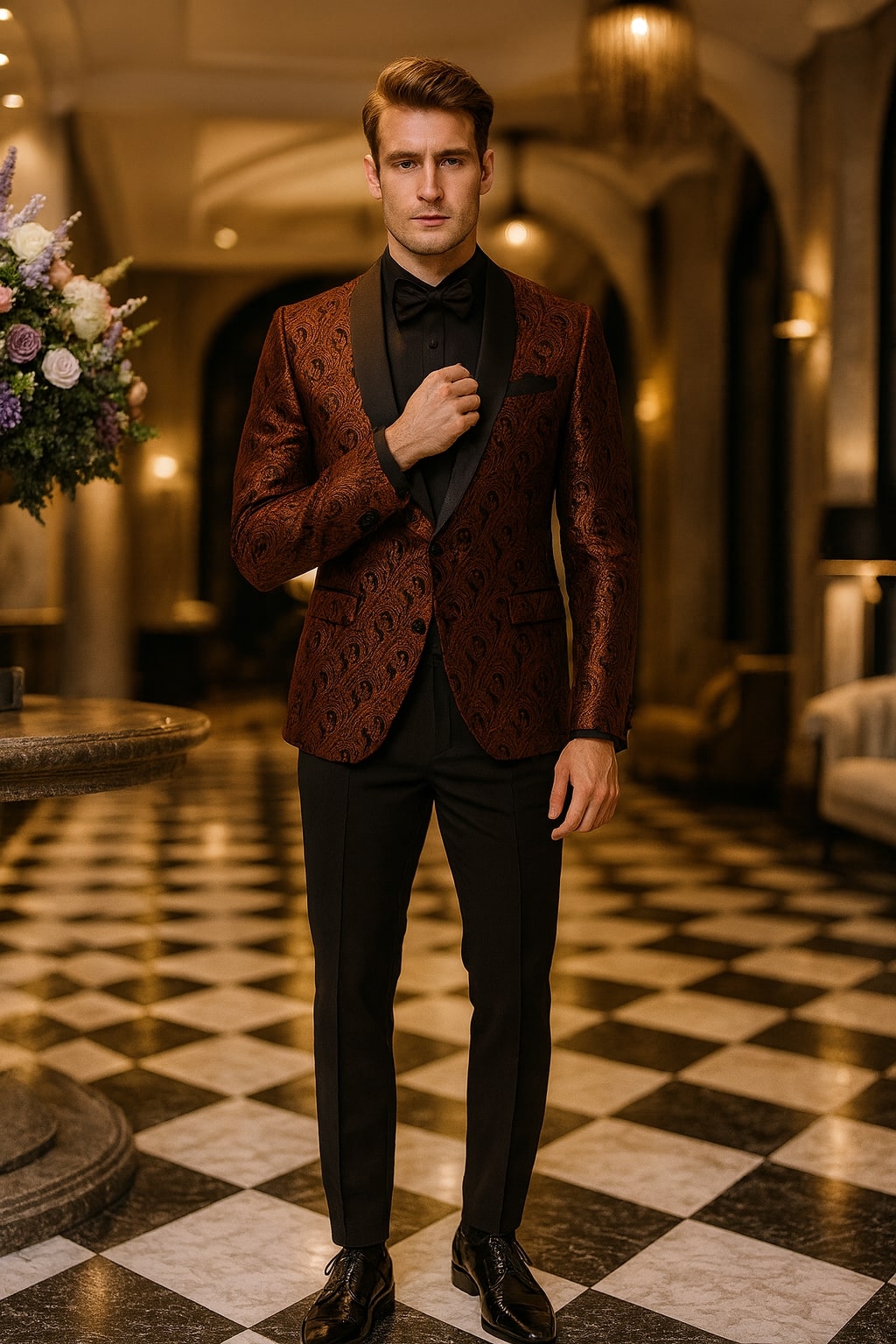 Mens Rust Copper Brick Color Paisley Tuxedo Jacket  Dinner and Wedding Blazer With Black Pants Matching Bowtie