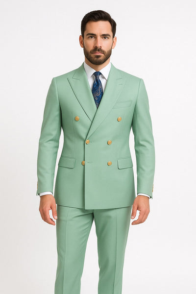 Mens Sage Green Double-Breasted Suit with Gold Buttons – Formal Slim Fit 2-Piece Pistachio Color 1   - from alligatorwarehouse.com
