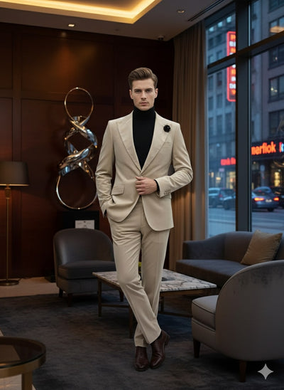 Mens Sand Beige Velvet Tuxedo Suit – 2 Piece Slim Fit Blazer and Pants Formal Set - Winter Fabric Natural Color 7   - from alligatorwarehouse.com