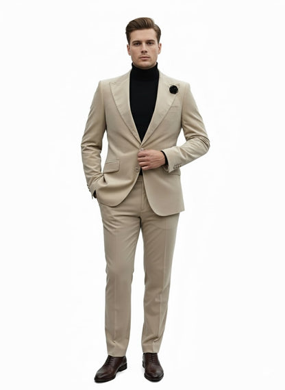Mens Sand Beige Velvet Tuxedo Suit – 2 Piece Slim Fit Blazer and Pants Formal Set - Winter Fabric Natural Color