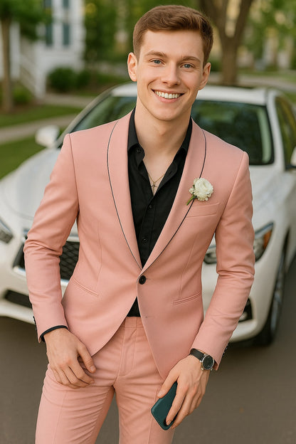 Mens Slim Fit Pink Tuxedo Suit with Black Trim – Modern Wedding and Prom Outfit in Rose Gold Blush Color