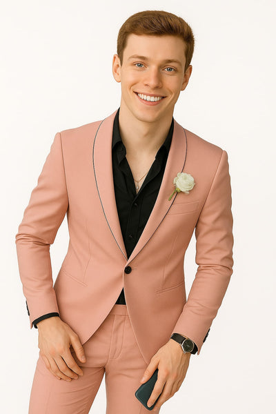 Mens Slim Fit Pink Tuxedo Suit with Black Trim – Modern Wedding and Prom Outfit in Rose Gold Blush Color 1   - from alligatorwarehouse.com