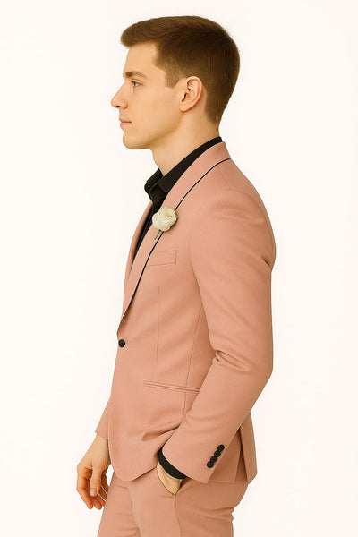 Mens Slim Fit Pink Tuxedo Suit with Black Trim – Modern Wedding and Prom Outfit in Rose Gold Blush Color 2   - from alligatorwarehouse.com