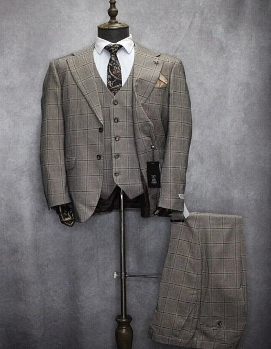 Mens Two Button Notch Lapel Plaid Pattern Suit Tan ~ Brown