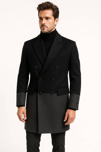 Mens Two-Tone Double-Breasted Overcoat in Black and Charcoal Gray Wool Fabric Topcoat 1   - from alligatorwarehouse.com