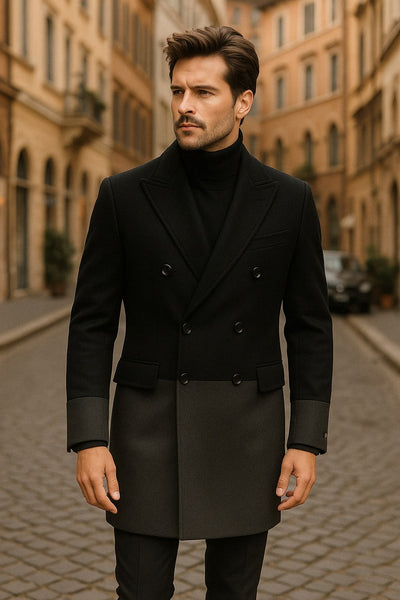 Mens Two-Tone Double-Breasted Overcoat in Black and Charcoal Gray Wool Fabric Topcoat 3   - from alligatorwarehouse.com