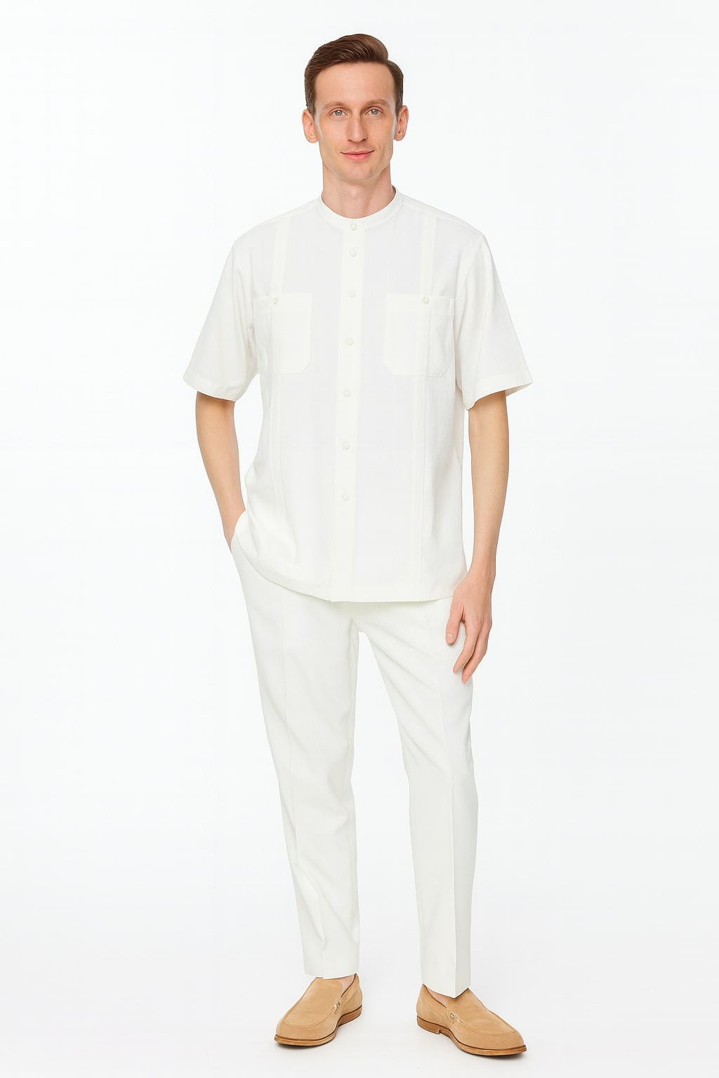 Mens White Banded Collar Two-Piece Set – Short Sleeve Shirt and Pants Banded Collar Linen Fabric 1   - from alligatorwarehouse.com