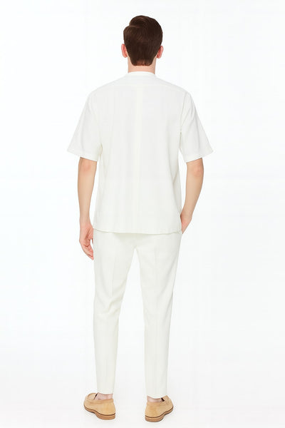 Mens White Banded Collar Two-Piece Set – Short Sleeve Shirt and Pants Banded Collar Linen Fabric 4   - from alligatorwarehouse.com