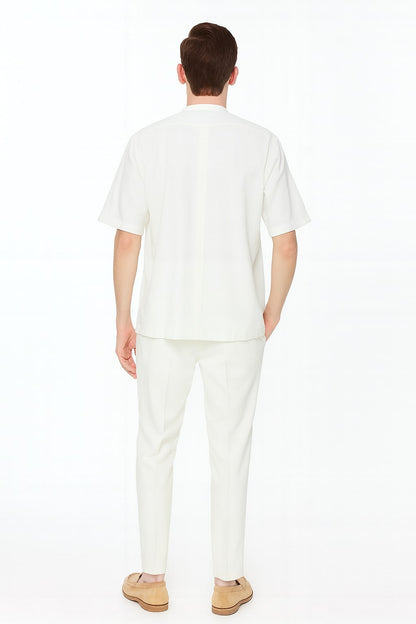Mens White Banded Collar Two-Piece Set – Short Sleeve Shirt and Pants Banded Collar Linen Fabric