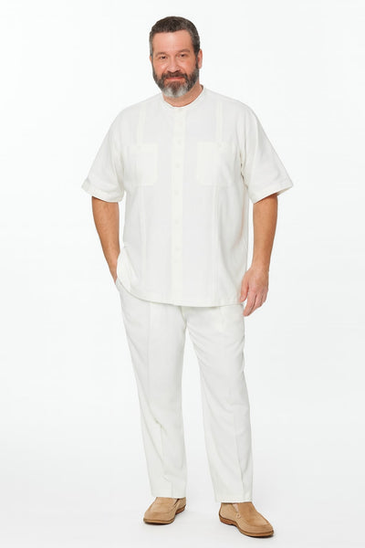 Mens White Banded Collar Two-Piece Set – Short Sleeve Shirt and Pants Banded Collar Linen Fabric 3   - from alligatorwarehouse.com