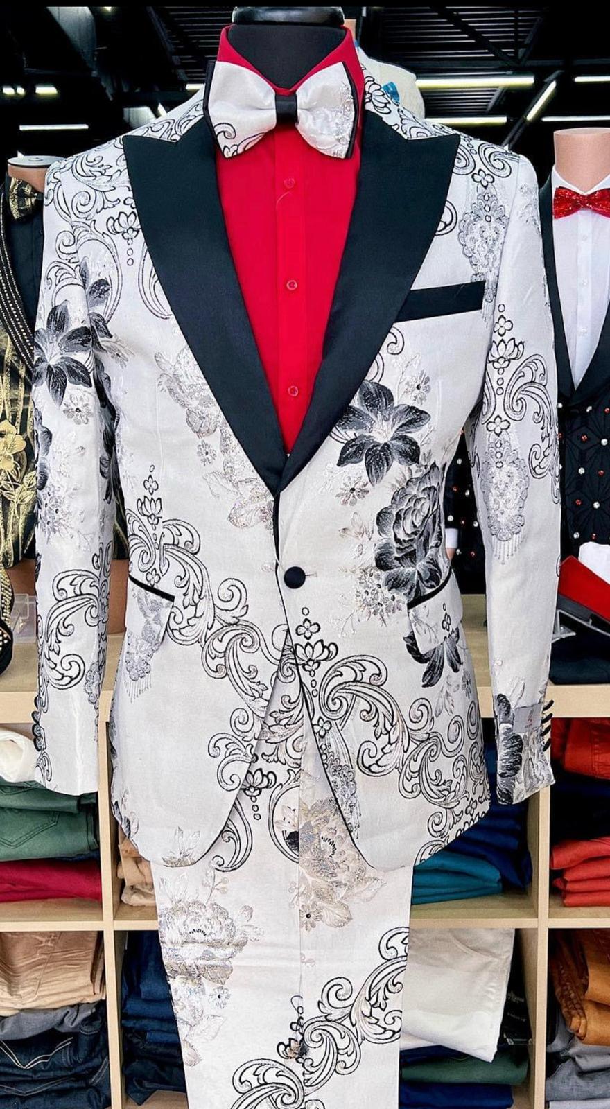 Mens White Floral Tuxedo with Black Lapel – 3-Piece Designer Prom Suit Wedding Suit 4   - from alligatorwarehouse.com