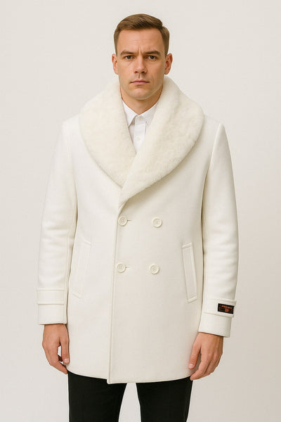Mens White Peacoat Double-Breasted Overcoat with Faux Fur Shawl Collar – Alberto Nardoni Collection Wool Fabric 1   - from alligatorwarehouse.com