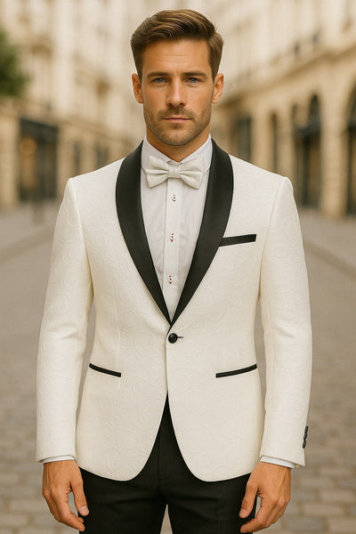 Mens White Swirl Embroidered Tuxedo Jacket with Black Satin Shawl Lapel and Matching Bow Tie 1   - from alligatorwarehouse.com