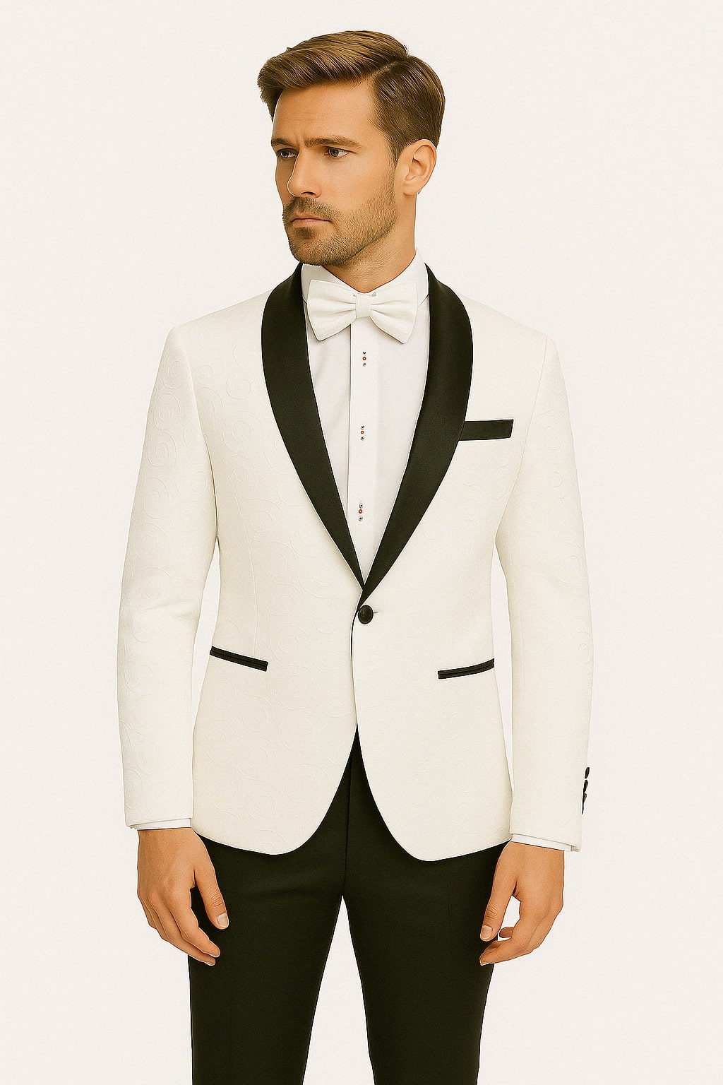 Mens White Swirl Embroidered Tuxedo Jacket with Black Satin Shawl Lapel and Matching Bow Tie