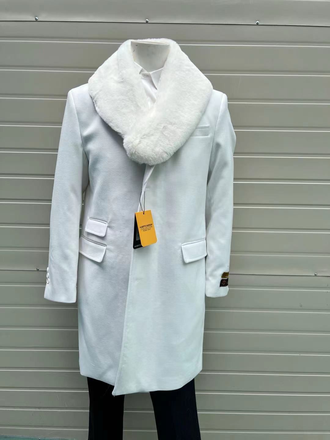 Mens White Wool Overcoat with Plush Faux Fur Shawl Collar – Alberto Nardoni Formal Winter Coat 4   - from alligatorwarehouse.com