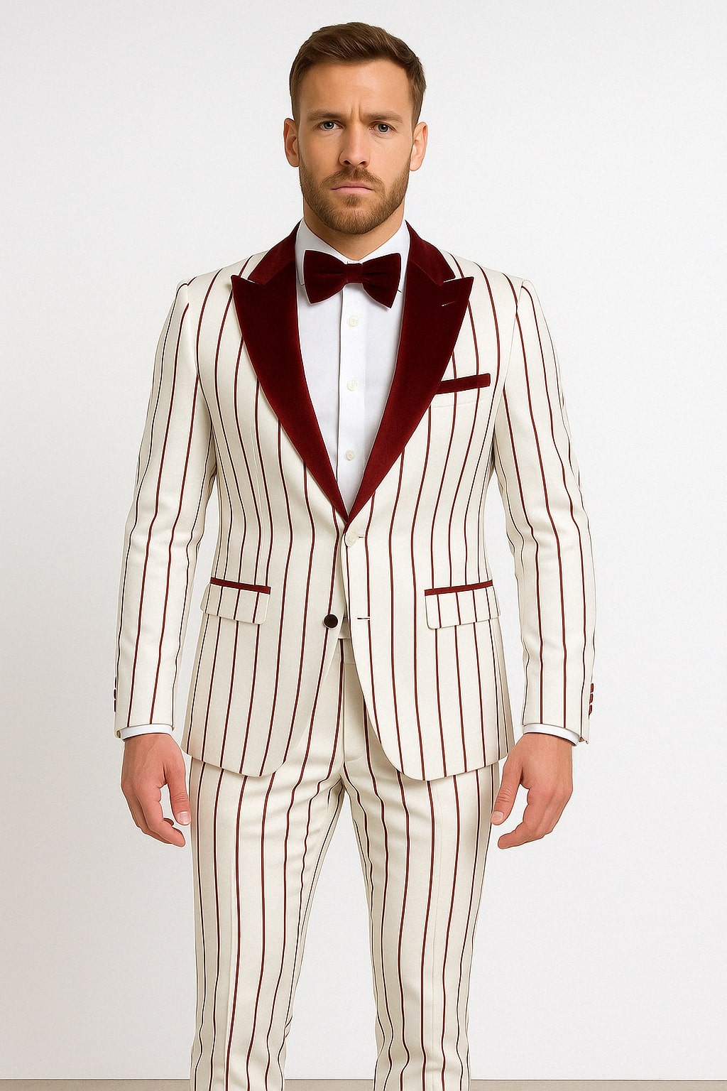 Mens White and Burgundy Pinstripe Tuxedo with Velvet Shawl Lapel and Matching Bow Tie