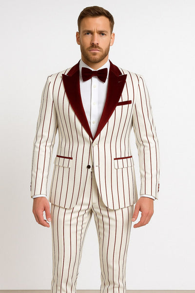 Mens White and Burgundy Pinstripe Tuxedo with Velvet Shawl Lapel and Matching Bow Tie 1   - from alligatorwarehouse.com