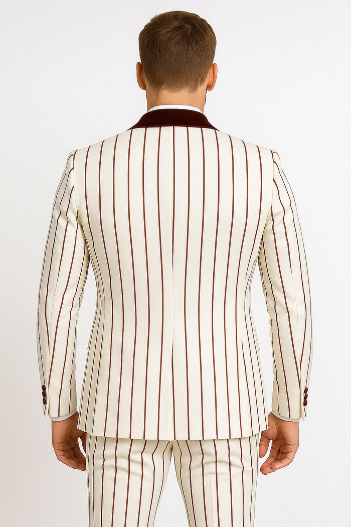 Mens White and Burgundy Pinstripe Tuxedo with Velvet Shawl Lapel and Matching Bow Tie