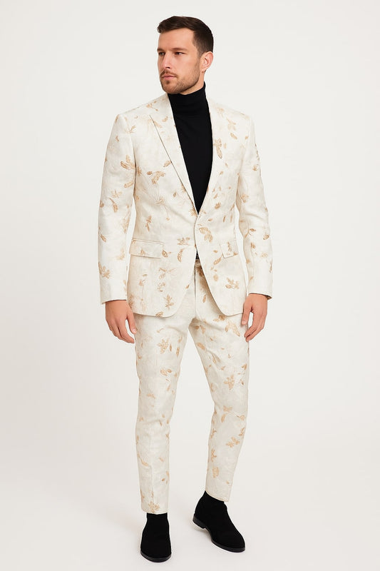 Mens White and Gold Embroidered Floral Suit ƒ?? Prom Tuxedo Suit