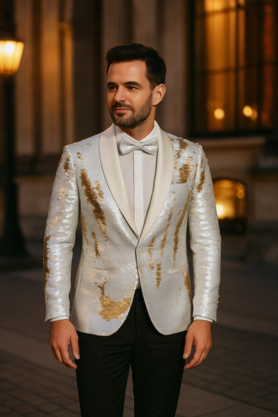 Mens White and Gold Reversible Sequin Tuxedo Jacket with Satin Lapel and Matching Bow Tie 4   - from alligatorwarehouse.com