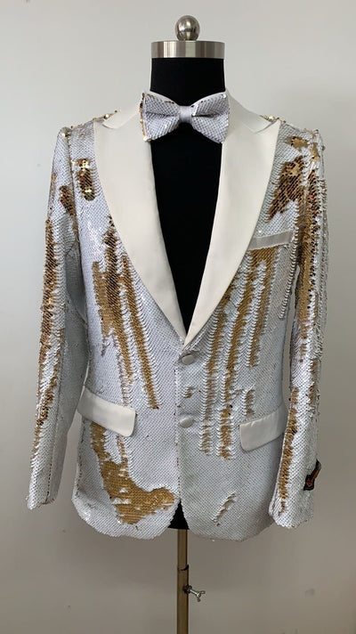 Mens White and Gold Reversible Sequin Tuxedo Jacket with Satin Lapel and Matching Bow Tie 3   - from alligatorwarehouse.com