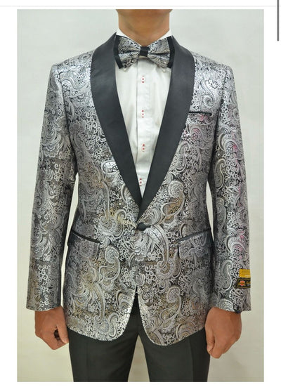 Silver and Black Tuxedo Blazer with Matching Bow Tie - Paisley Sport Coat For Prom or Wedding 3   - from alligatorwarehouse.com