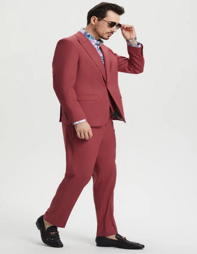 Men's One Button Peak Lapel Side Vent Flat Front Pant Suit in Coral Blush Pink 5   - from alligatorwarehouse.com