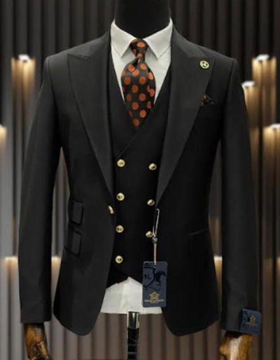 Mens One Button Peak Lapel Vested Wool Suit with Gold buttons in Black 1 QR-9164  - from alligatorwarehouse.com